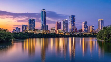 Obraz premium City Skyline Reflecting in Water at Sunset - Stunning Urban Landscape