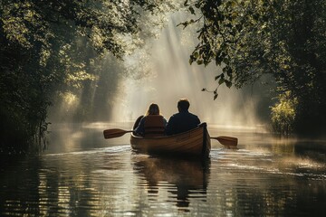 Couple paddling a wooden canoe on a misty river through a forest.