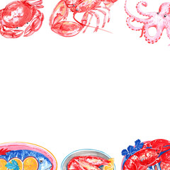 Seafood platter with shrimp, crab, squid, steamed fish with lemon, boiled shrimp, and baked lobster, hand-drawn watercolor frame design