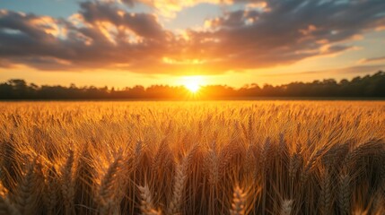 Fototapeta premium A golden wheat field glows with the setting sun, the sky ablaze with vibrant hues.