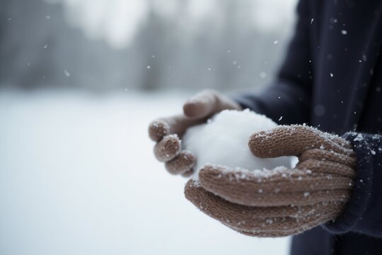 Winter serenity: close-up of hands holding snowball in peaceful snowy landscape.