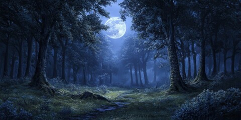 Fototapeta premium Moonlight path through dense, dark forest.