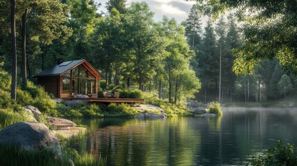 Fototapeta premium Cabin by lake, surrounded by trees.