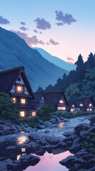 Fototapeta premium Serene Mountain Village with Flowing River and Traditional Houses