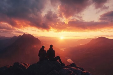 Couple silhouetted against a stunning sunset over a mountain range.
