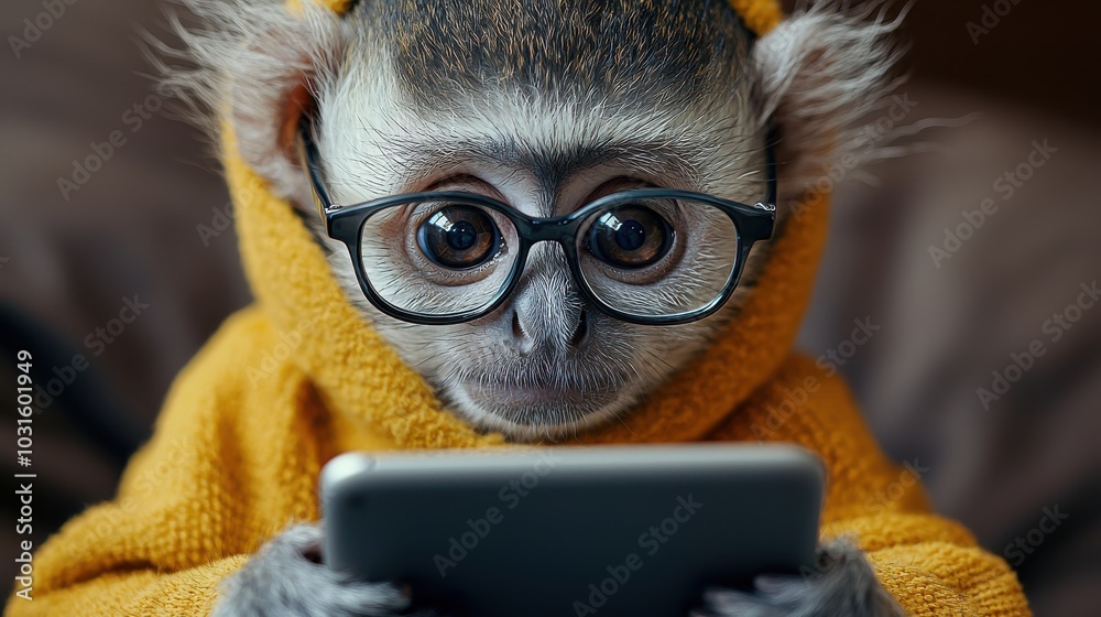 Wall mural Cute monkey wearing glasses and a yellow hoodie interacts with a smartphone indoors during a cozy moment