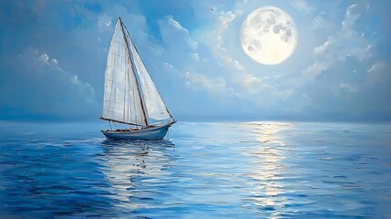 Fototapeta premium Sailboat Under a Full Moon Peaceful Sea Night Sky Oil Painting