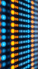 Fototapeta premium Vibrant digital display featuring blue and orange lights illuminating a dark background, showcasing modern technology and data.