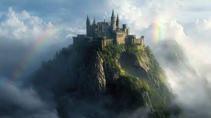 A majestic castle on a misty mountaintop with rainbows.