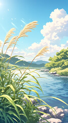 Obraz premium Serene River Landscape with Lush Greenery and Blue Sky