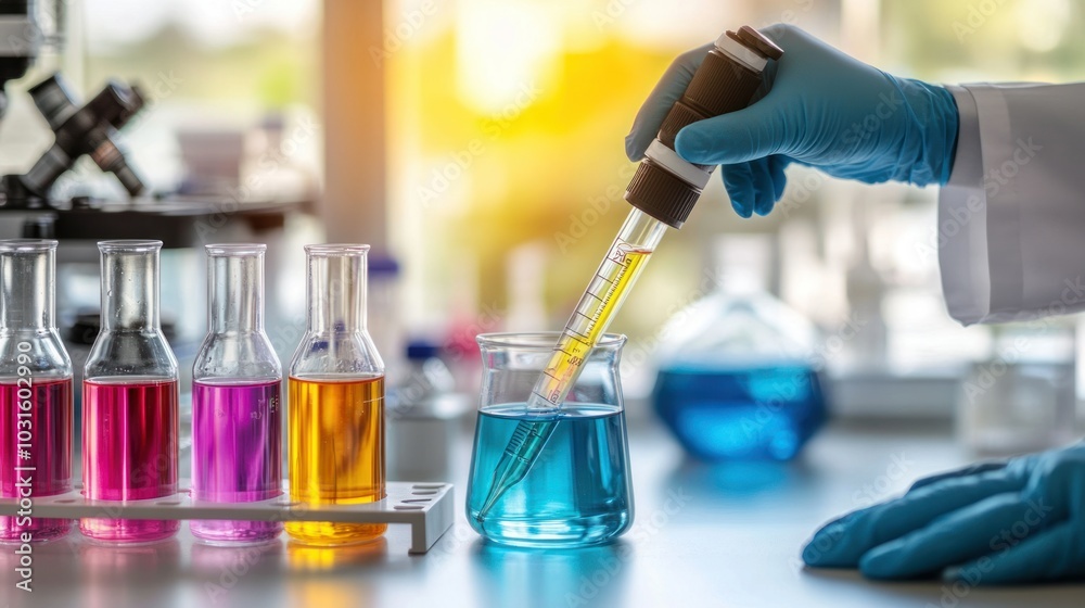 Poster Scientist in a Lab Using a Pipette to Transfer Yellow Liquid into a Beaker