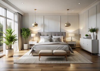 Serene White Bedroom Design with Spacious Bed and Elegant Bedside Tables - Perfect for Minimalist Art Presentation