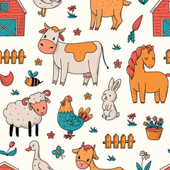 Farm seamless pattern with cute animals and flowers. Countryside textile print, wallpaper, background, digital paper, scrapbooking, packaging, wrapping paper, etc. EPS 10