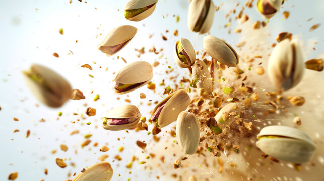 Close-up of a handful of pistachios in a shell, flying in different directions on a white background. A delicious healthy snack. A protein-based natural organic product. A vegan diet