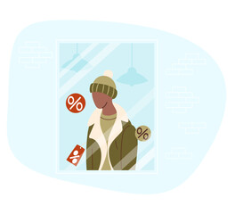 Discount showcase with mannequin in winter male clothing sheepskin coat, knitted hat and scarf with price tag on sale. Holiday seasonal sale, shopping for gifts and clothes. Vector illustration