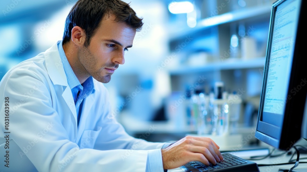 Poster Scientist Typing on Keyboard in Lab