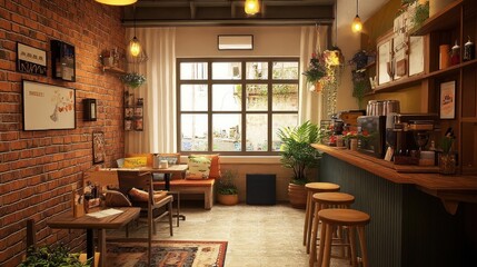 Cozy cafe interior with brick wall, large windows, and wooden counter.