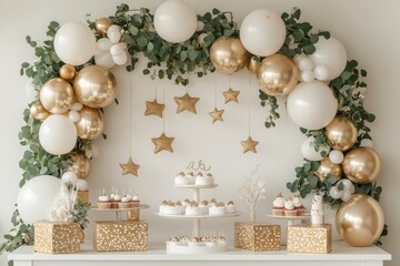 A table with a white tablecloth and a gold and white balloon arch