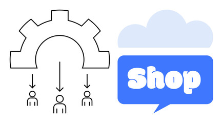 Three figures under a gear with arrows pointing down, next to a blue talk bubble with the word Shop and a cloud. Ideal for teamwork, communication, retail, e-commerce, and cloud computing concepts