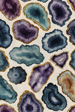 Geode-patterned fabric swatches in watercolor style