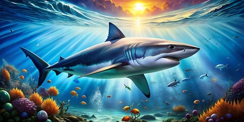 Obraz premium Shark Poster Vector Background Illustration for Text - Stunning High Depth of Field Design