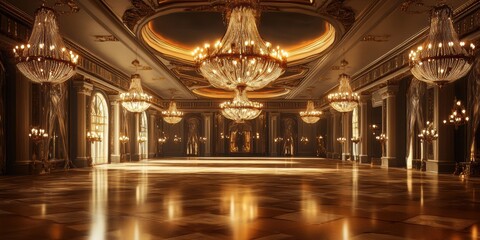 Fototapeta premium Grand ballroom with ornate chandeliers and polished floors.
