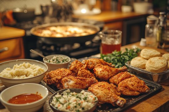 A table with a lot of food on it, including chicken, potatoes, and biscuits