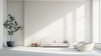 Minimalist white room with plant, sofa, chairs, and window.