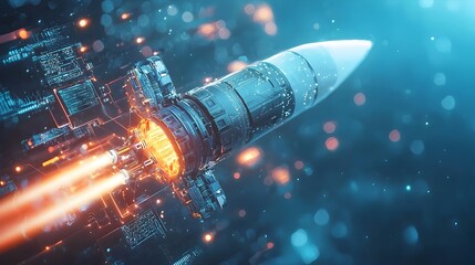 A futuristic missile with glowing engines hurtling towards a neon lit high tech city skyline showcasing a dystopian apocalyptic vision of the future