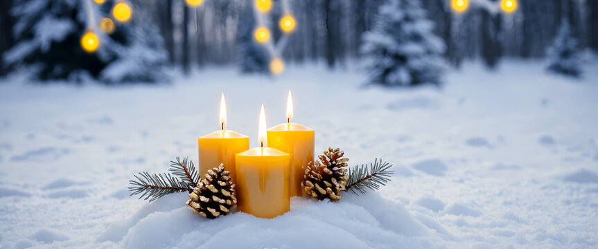 Christmas decoration with yellow golden candles and blur bokeh light in the background
