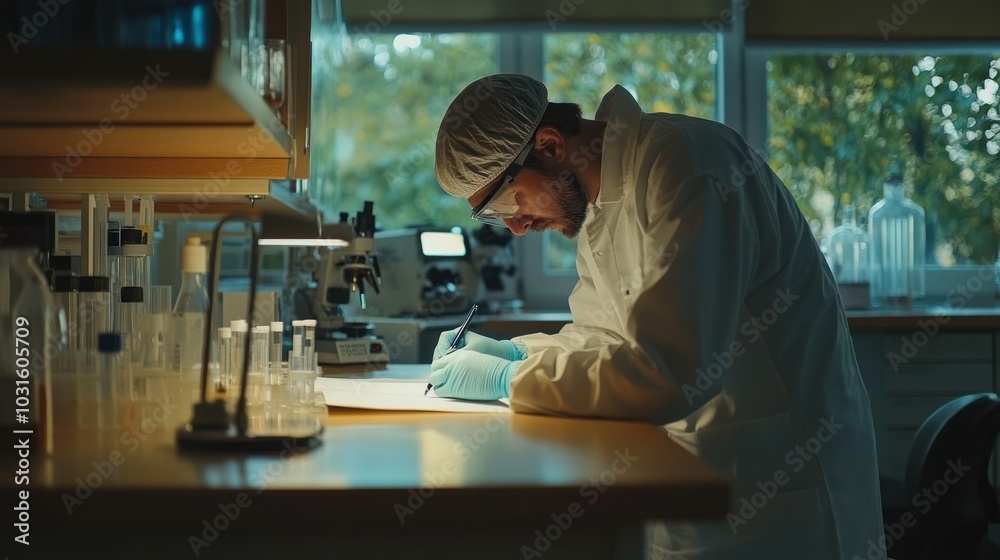 Poster scientist in a lab coat writing on a paper