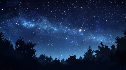 Silhouetted trees under a starry sky.