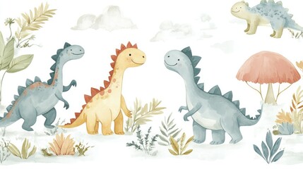 Naklejka premium A whimsical wallpaper with friendly dinosaurs in soft colors on a white background, ideal for a fun and playful kids' room.