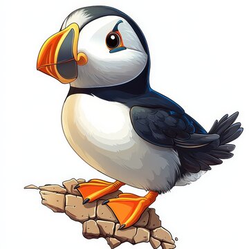 recommend clip art: Cute Cartoon Puffin Perched on Rock with White Background