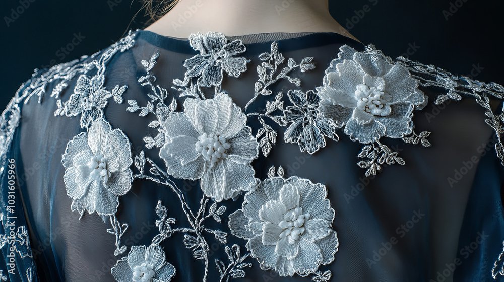 Canvas Prints A woman's dress with beautiful embroidered flowers. The design features a white, detailed patch on a dark blue fabric, making it look like a real embroidered piece.