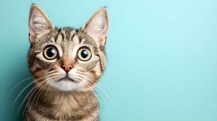 Gray tabby cat looking directly at the camera, light blue background, room for text at the top, detailed fur and whiskers