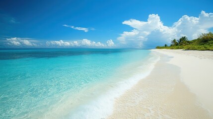 Clear blue water meets white sandy beach.