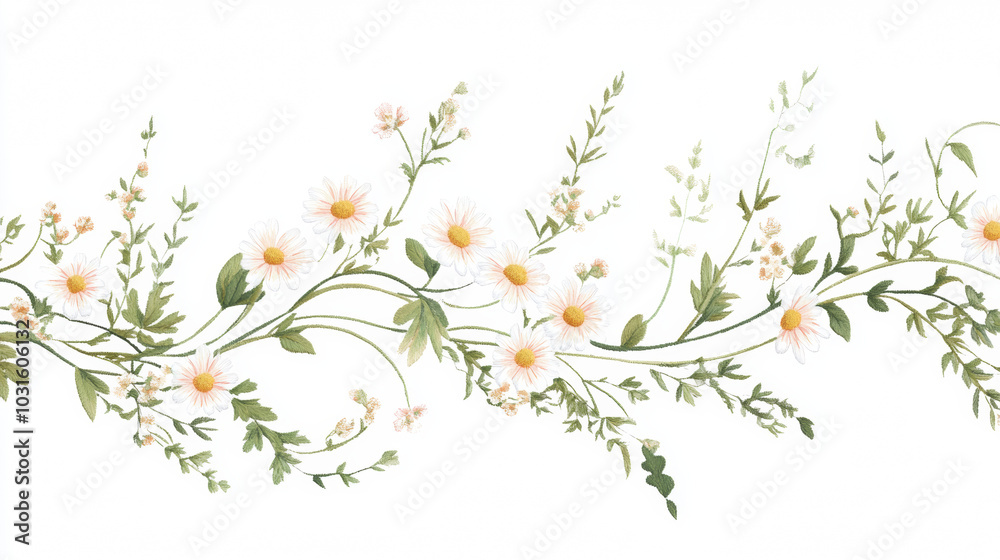 Wall mural A delicate flower border design, perfect for fabric or clothing. It features small daisies and herbs, beautifully embroidered and ready to add a touch of nature to your projects.