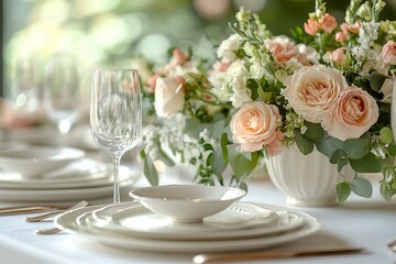 Stunningly Elegant Table Centerpiece Featuring Peach Roses and Eucalyptus for Special Occasions