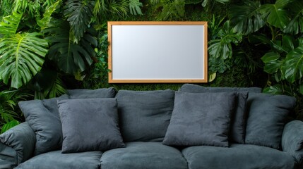 Minimalist Living Room Interior with Green Wall  Blank Frame Mockup and Sofa