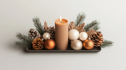 Christmas centerpiece with pinecones, candles, and ornaments, Christmas decorations, elegant holiday design