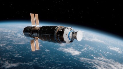 Spacecraft Orbiting Earth With Solar Panels and Satellite Dish
