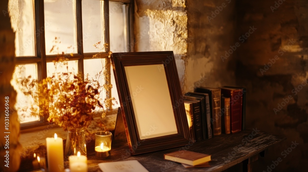 Poster Empty Picture Frame on a Wooden Table with Candles and Books