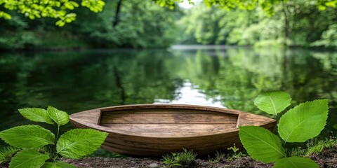 Wooden Rowboat on Tranquil River Bank  Summer Nature Scene