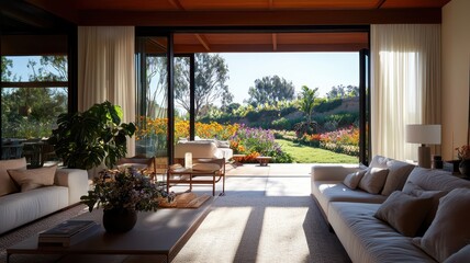 Bright sunlit room with modern decor and open folding doors revealing a vibrant flower garden outside.