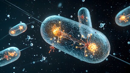 Animated sequence showcasing the release of ATP molecules from a 3D rendered mitochondrion a key organelle responsible for cellular energy production  This digital depicts the dynamic glowing