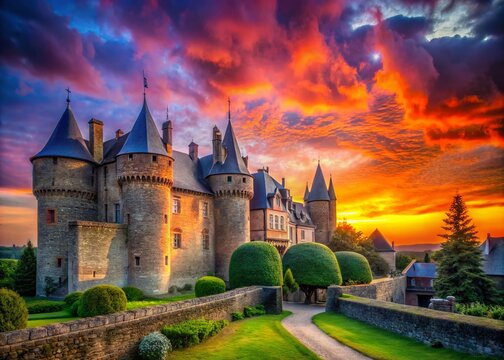 Silhouette of Castle of Veves at Dusk - Majestic Architecture on a Grassy Hill