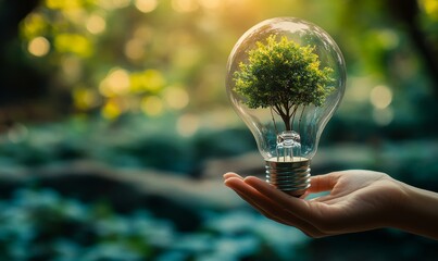 Hand hold light bulb with a tree inside Sustainability and Eco-consciousness: Images that showcase environmental awareness and eco-friendly practices are in high, Generative AI