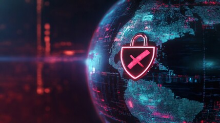 Sensitive content hologram HUD with crossed eye and padlock. Earth sphere with a warning sign, side view. Concept of internet safety and potentially inappropriate media. 3D rendering illustration