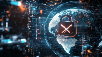 Sensitive content hologram HUD with crossed eye and padlock. Earth sphere with a warning sign, side view. Concept of internet safety and potentially inappropriate media. 3D rendering illustration